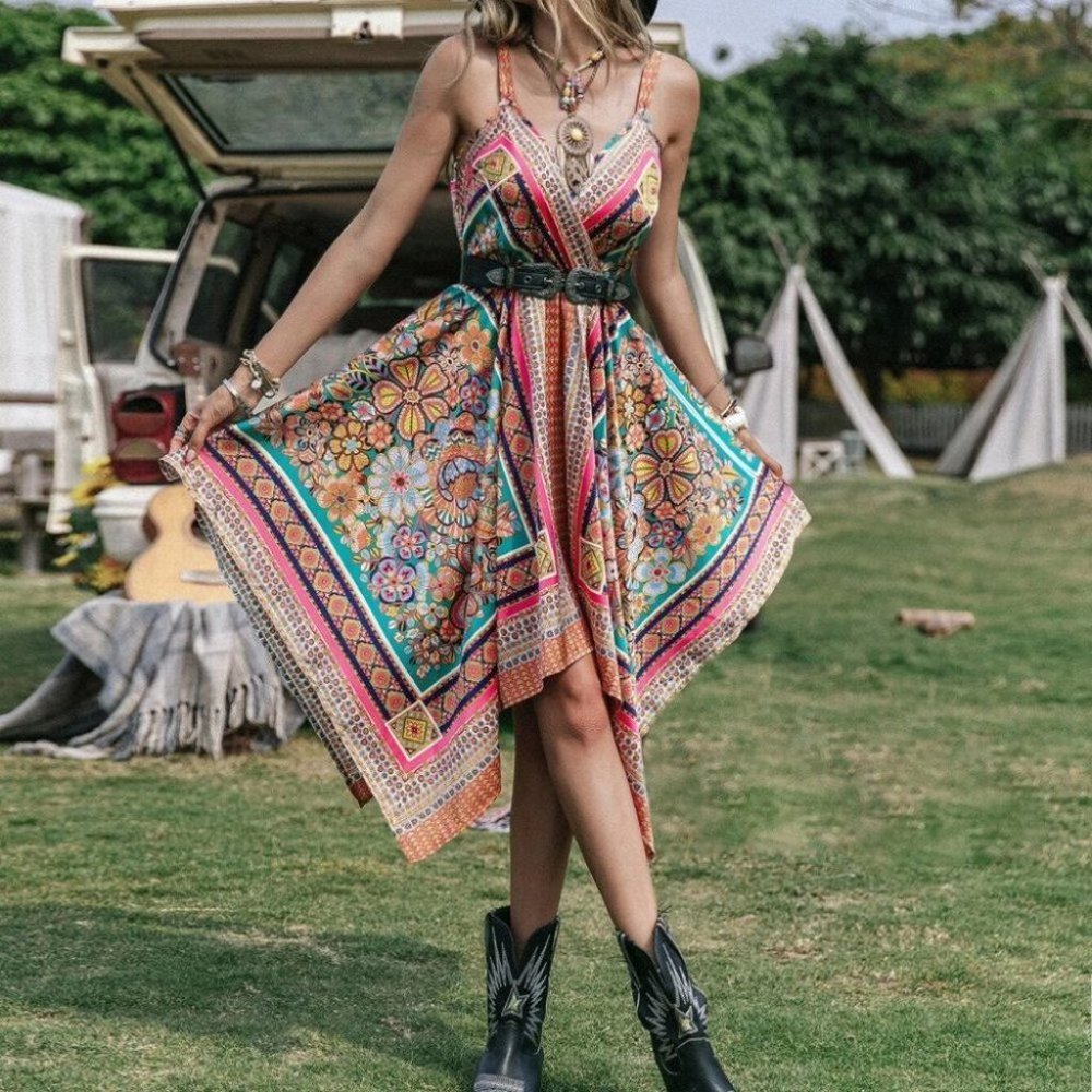 Boho Floral Print Satin Asymmetrical Hem Dress - Picture 6 of 7